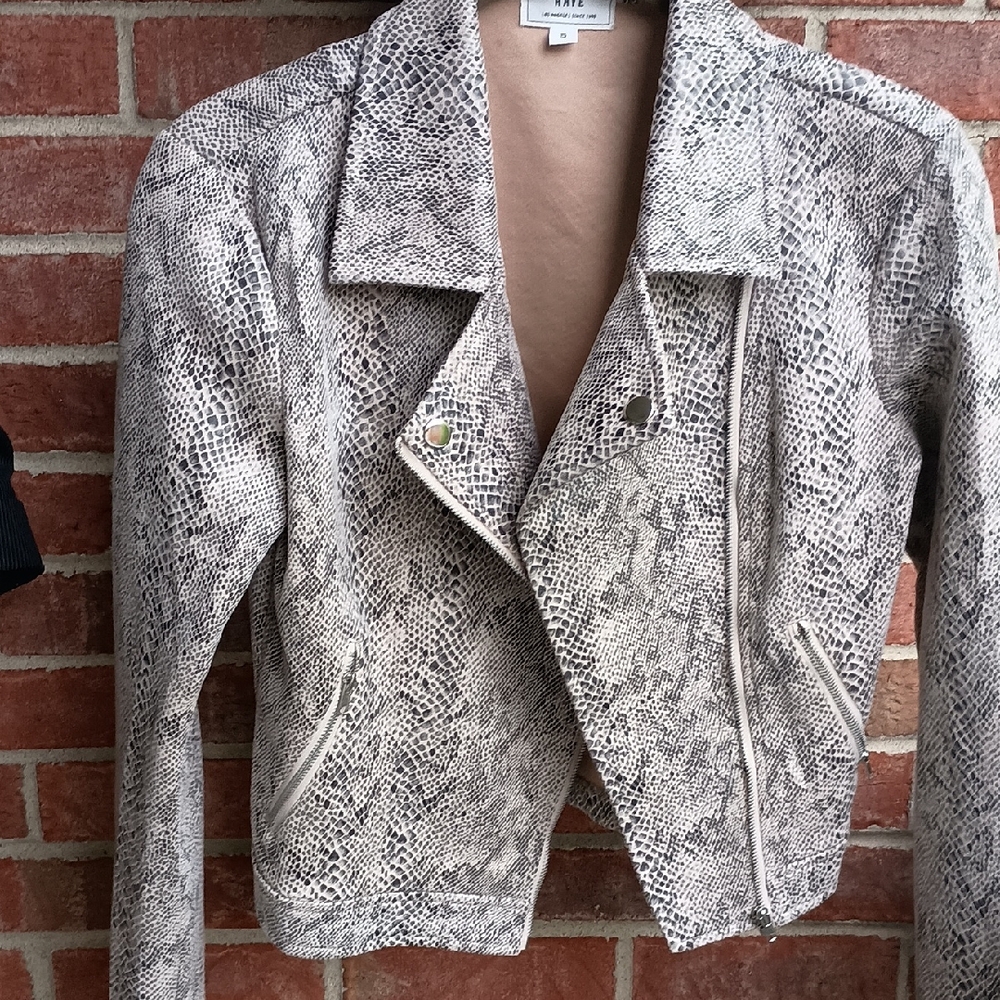 Have Gray Leather Moto Jacket with Snakeskin Print